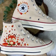 🌿 Love Embroidered Converse 🌿 ❤️ About Our Products: Each pair of shoes from our store is brand new and hand-embroidered to order. Please ensure you select the correct shoe size before checkout. The embroidery is durable and won't fade over time. ✨ Personal Expression: Showcase your unique style with custom embroidery! Contact me to create your own embroidered shoes with a private listing. I'll send you the design for approval before embroidering the shoes. Alternatively, you can design your p Leaf Shoes, Embroidery Converse, Fox Embroidery, Rims For Cars