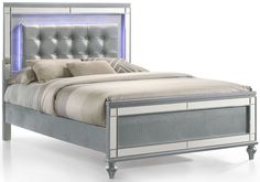 a bed with a silver frame and headboard is shown in front of a white background