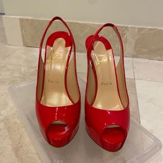 Gently Worn A Handful Of Times. Comfortable. Platform 120mm Classic Slingback Designer Slingback Heels With Red Sole, Luxury Red Sole Slingback Heels, Red Louboutin, Platform Pumps, Christian Louboutin Shoes, Red Leather, Shoes Women Heels, Christian Louboutin, Shoes Heels