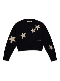 black/white wool blend ribbed knit star embroidery crew neck long sleeves ribbed cuffs and hem cropped internal logo patch Knit Star, Dress With Jean Jacket, Embroidery Sweater, Girls Jumpers, Baby Boy Accessories, Dolce And Gabbana Kids, Star Embroidery, Kids Logo, Stella Mccartney Kids