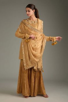 Beige straight kurta with teardrop cutwork neckline with floral zardozi embroidery and coined fringed tasseled cuffs. Comes with zardozi bordered dupatta and sharara. - Aza Fashions Kurta Sharara Set, Kurta Sharara, Zardozi Embroidery, Straight Kurta, Sharara Set, Indian Fashion Dresses, Desi Fashion, Cut Work, Modern Bride