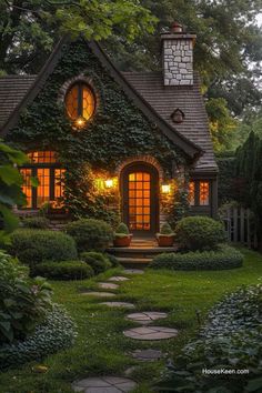 a house that is surrounded by greenery and bushes with lights on in the windows