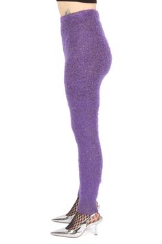 Sparkle Knit Leggings In Light Purple noir kei ninomiya AW23 Model wears size OS. Cecilia is 6' 0" Waist 28” Hips 36.5" Chest 34” Tight Bottoms For Winter Party, High Stretch Winter Party Pants, Winter Party Pants With High Stretch, Tight Winter Party Bottoms, High Stretch Pants For Winter Party, Winter Stretch Purple Legwear, Winter Purple Stretch Legwear, Purple Stretch Legwear For Winter, Winter Party Full-length Leggings