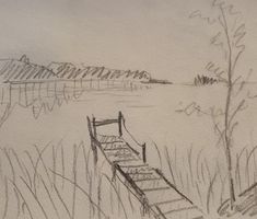 a pencil drawing of a dock in the water