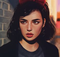 a digital painting of a woman with a red bow on her head and black hair