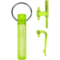 a green water bottle with a handle and two other items next to it on a white background