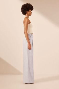 High waisted tailored wide leg pant with coin pocket detail in a Herringbone linen. Cross Front Top, The Beauty Chef, Shona Joy, Crochet Cross, Wide Leg Pant, Halter Neckline, Pocket Detail, Ice Blue, Skirt Top