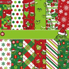 christmas digital paper pack with green and red patterns