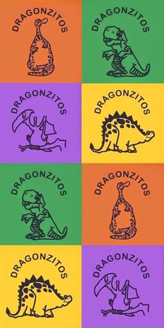 four different types of dinosaurs with the words dragonitos on them