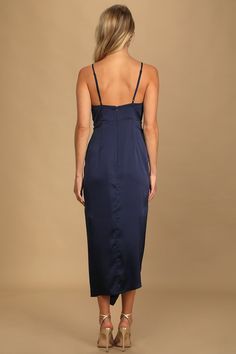 Don't tell us it's just a crush; we're absolutely falling for the Lulus Caught Feelings Navy Blue Satin Ruffled Midi Dress! Sleek stretch-woven fabric, with a luxe satin-y sheen throughout, shapes a pleated plunging bodice, adjustable spaghetti straps, and a sheath silhouette. High waist tops a gathered midi skirt with a ruffled detail and an overlapped hem. Hidden back zipper/clasp. Fit: This garment fits true to size. Length: Mid-calf length. Size medium measures 55.5" from top to bottom. Bust Fitted Navy Midi Dress For Night Out, Navy Fitted Midi Dress For Night Out, Fitted Navy Midi Dress For Brunch, Navy Fitted Midi Dress For Brunch, Navy Fitted Dress For Brunch, Caught Feelings, Slip Dress Outfit, Ruffled Midi Dress, Blue Slip Dress