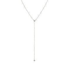 "Minimalistic drop necklace featuring 2mm natural white diamond G SI quality with 4\" drop chain accented with another diamond. With just one necklace, it will add a trendy look and sparkle to your regular outfit. Purchase this beautiful necklace for special occasions such as birthdays, anniversaries, Mother's Day, Valentine's Day, or even for bridesmaids! * Charm size: ≈3.5mm * Chain drop: ≈4\" * Diamond size: ≈2mm x 2px * Diamond weight: ≈0.08ctw * 14k diamond cut chain length: 16~18\" * Sprin White Diamond Necklace, Diamond Drop Necklace, Gold Lariat Necklace, Minimal Necklace, Y Necklace, Necklace Diamond, Rose Gold White, Diamond Drops, Lariat Necklace