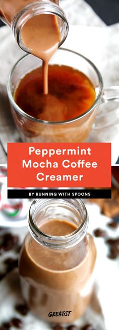 a spoon full of caramel coffee creamer being poured into a glass jar with the text peppermint mocha coffee creme