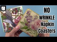 two handmade coasters with flowers and birds on them, one has no wrinkle napkin coasters