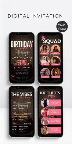 the birthday party flyer is shown in pink and black