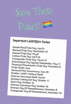 a poster with the words save these dates and rainbow flag on it, in front of a purple background