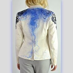 ONE-OF-A-KIND GARMENT  Quality fitted blazer jacket that has been used as a canvas to create this piece of wearable art.  Hand-pained with added rhinestone appliqué looks very interesting and competely unique. Just like you!    By GoshYagaVintage.   Size S   97%cotton, 3% spandex, poly lining   Length - 58cm  Shoulders - 39cm  Sleeve - 61cm   Cool hand wash  Shipping worldwide but please check with me prior buying as postal services are changing due to the current situation. Fitted Blazer Jacket, Hand Painted Denim Jacket, Unique Jackets, Painted Denim Jacket, Painted Jacket, Cotton Blazer, Trench Coat Black, Custom Jacket, Linen Jacket