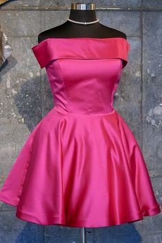 Off the Shoulder Short Red Homecoming Dress Red Homecoming Dresses Short, Dresses Graduation, Dama Dresses, Pink Dress Short, Graduation Party Dresses, Hot Pink Shorts, Pink Homecoming, Satin Homecoming Dress, Prom Queen