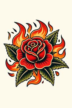 a red rose with flames on it's side and the letter o in the middle