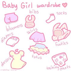 baby girl wardrobes and their names in pink, blue, yellow and white colors