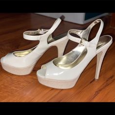 Guess By Marciano Maryjane Pumps With Peep Toe. White Patent Leather Upper, Off White Canvas Heel & Platform. Worn Once For Like 2 Hours (Bought The Wrong Size And They Were Too Snug So I Changed Into Flat Sandals Almost Immediately). No Signs Of Wear At All. Excellent Condition! Includes Shoe Box. White Almond Toe Heels In Faux Leather, Cream Synthetic Heels For Formal Occasions, Formal Cream Faux Leather Heels, Formal Cream Synthetic Heels, Elegant Cream Faux Leather Heels, Guess By Marciano, I Changed, Patent Leather Pumps, White Canvas