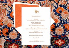 Tory Burch's Thanksgiving Dinner menu on Connor bespoke stationery. Butternut Squash Salad, Pumpkin Mousse, Candied Sweet Potatoes, Toasted Pumpkin Seeds, Roasted Pumpkin Seeds, Ice Wine, Thanksgiving Menu, Beautiful Color Combinations, Ginger Snaps