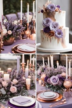 the table is set with purple flowers and candles for an elegant wedding reception in lavender tones