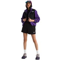 the north face women's purple and black jacket with hoodie, shorts and sneakers