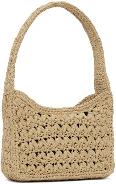 Crocheted raffia shoulder bag in beige. · Integrated shoulder strap · Logo appliqué at face · Magnetic press-stud tab closure · Zip pocket at interior · Unlined · H5.5 x W8 x D3 · Total height: H13 Supplier color: Natural Natural Color Bags With Gold-tone Hardware, Natural Shoulder Bag With Gold-tone Hardware For Daily Use, Natural Shoulder Bag With Gold-tone Hardware And Top Handle, Natural Color Shoulder Bag With Gold-tone Hardware, Natural Shoulder Bag With Gold-tone Hardware, Rectangular Natural Shoulder Bag With Gold-tone Hardware, Natural Shoulder Bag With Gold-tone Hardware And Double Handle, Beige Crochet Top Handle Bag With Removable Pouch, Beige Crochet Tote Bag With Detachable Strap