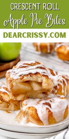 apple pie bites with icing on a white plate and green apples in the background