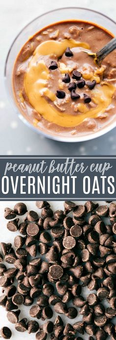 an image of overnight oatmeal with chocolate chips in the bowl and peanut butter cup