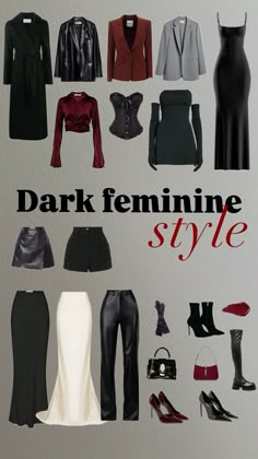 #style #dark #feminine #darkfeminine #black #red Dark Women Outfit, Classy Red And Black Outfit, Fall Outfits Dark Feminine, Sultry Woman Aesthetic, Dark Feminine Shoes, Dark Feminine Classy Outfits, How To Dress Dark Feminine, Feminine Dark Outfits, Black And Dark Red Outfit