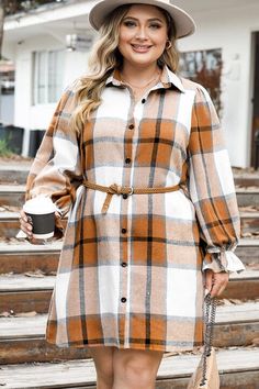 Plus Size Plaid Button Up S... Plus Sized Woman, Loose Shirt Dress, Button Up Shirt Dress, Plus Size Plaid, Button Shirt Dress, Plaid Cardigan, Plaid Shirts, Khaki Fashion, Cardigan Shirt