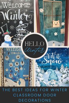 the best ideas for winter classroom door decorations are featured in this postcard style photo