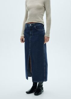 Denim midi-skirt - Women | MANGO USA Denim Style, Denim Midi Skirt, Women Skirts Midi, Skirt Length, Medium Blue, Denim Fashion, Czech Republic, Blue Denim, Midi Skirt