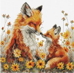 two foxes are sitting in the grass with yellow flowers on their backs and one has its mouth