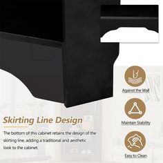 the side view of a black cabinet with instructions on how to clean it and how to use