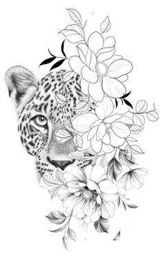 a black and white drawing of a leopard surrounded by flowers