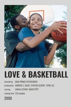 a man and woman hugging each other with a basketball in front of them on the cover of love & basketball