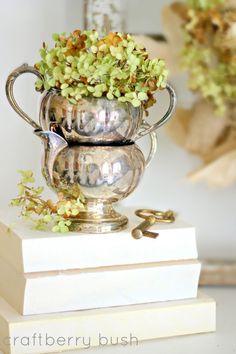 a silver vase filled with flowers sitting on top of a stack of books next to a plant