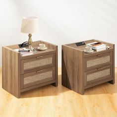 two nightstands side by side on wooden floor with white wall and lamp in background