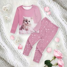 Season:Winter,Fall; Fabric:Polyester; Sleeve Length:Long Sleeve; Look After Me:Machine wash; Gender:Girls'; Style:Active,Fashion,Cute,Daily; Elasticity:Micro-elastic; Occasion:Indoor,Causal,Home; Kids Apparel:Pajama Sets; Age Group:Kids; Fit Type:Regular Fit; Pattern:Cat; Age:3-12 Years; Listing Date:10/11/2023; Bust:; Hips:; Length [Bottom]:; Length [Top]:; Shoulder Width:; Sleeve:; Waist:; Print Type:3D Print; Neckline:Crew Neck; color:Pink Cute Winter Sets With Cartoon Print, Pink Long Sleeve Christmas Sets, Winter Long Sleeve Sets With Cartoon Print, Cat Age, Cat Pajama, Oktoberfest Outfits, Womens Basic Tops, Mens Outdoor Jackets, Pattern Cat