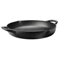 a black frying pan with handles on a white background and no one in it