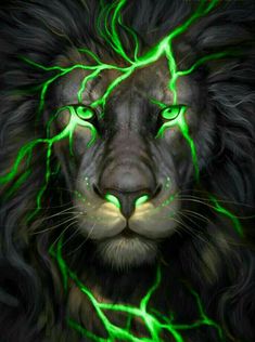 a close up of a lion's face with green lightning streaks on its fur