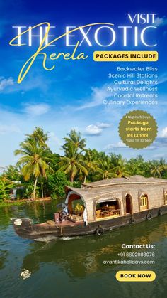 the front cover of an advertisement with a houseboat in the water and palm trees behind it