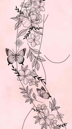 a tattoo design with flowers and butterflies on it