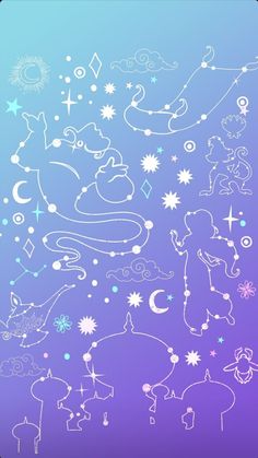 an image of the sky with stars and animals on it, as well as other things