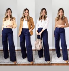 Blue And White Work Outfit, Navy Cropped Pants Outfit, Bogota Outfit, Outfit Pantalon, Pants Outfit Work, Office Casual Outfit, Professional Outfits Women, Business Casual Outfits For Work