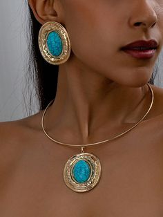 1 Set Of Women's Jewelry Set, Fashionable Metal Vintage, Creative Turquoise Collar And Earring Set, Versatile Daily Fashion, Suitable For Giving Gifts, Participating In Activities, Celebrating Holidays, And Commuting Blue,Silver,White    Iron Alloy     Women Fashion Jewelry, size features are:Bust: ,Length: ,Sleeve Length: Eccentric Jewelry, Eccentric Fashion, Middle East Jewelry, Geometric Pendant Necklace, Moroccan Jewelry, Bleu Azur, Giving Gifts, Women's Jewelry Sets, Geometric Pendant