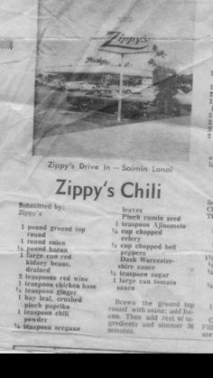 a newspaper clipping with the words zippy's chili written in black and white