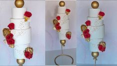 three different views of a wedding cake with red roses on top and gold balls in the middle